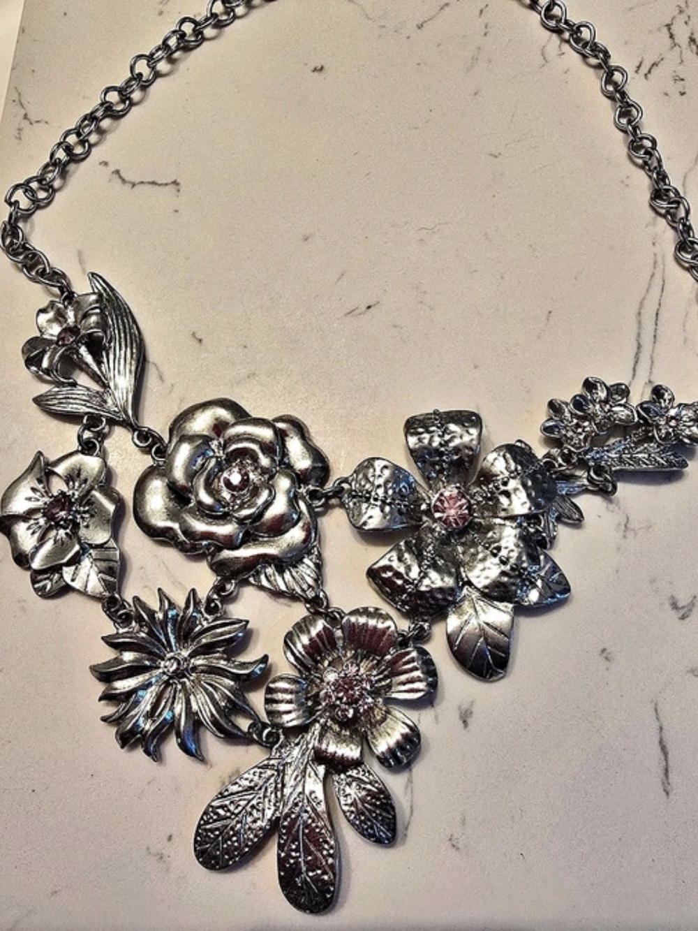 Chico's Floral Statement Necklace Silver & Pink